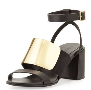 Metal-Vamp Stacked-Heel Sandal, Black/Gold